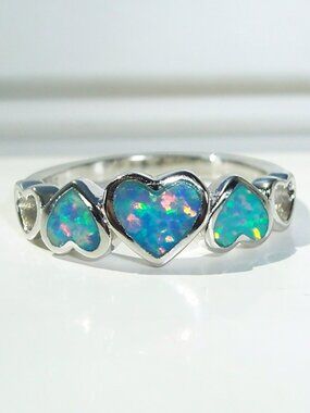 925 STERLING SILVER Lab Created Blue Lavender Fire Opal Hears Ring